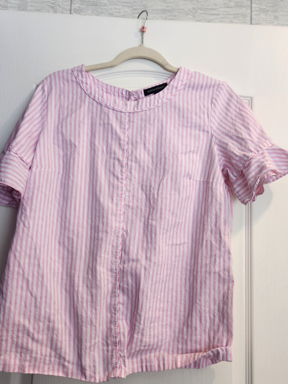 Banana Republic Pink & White Striped Short-Sleeve Blouse L Euc